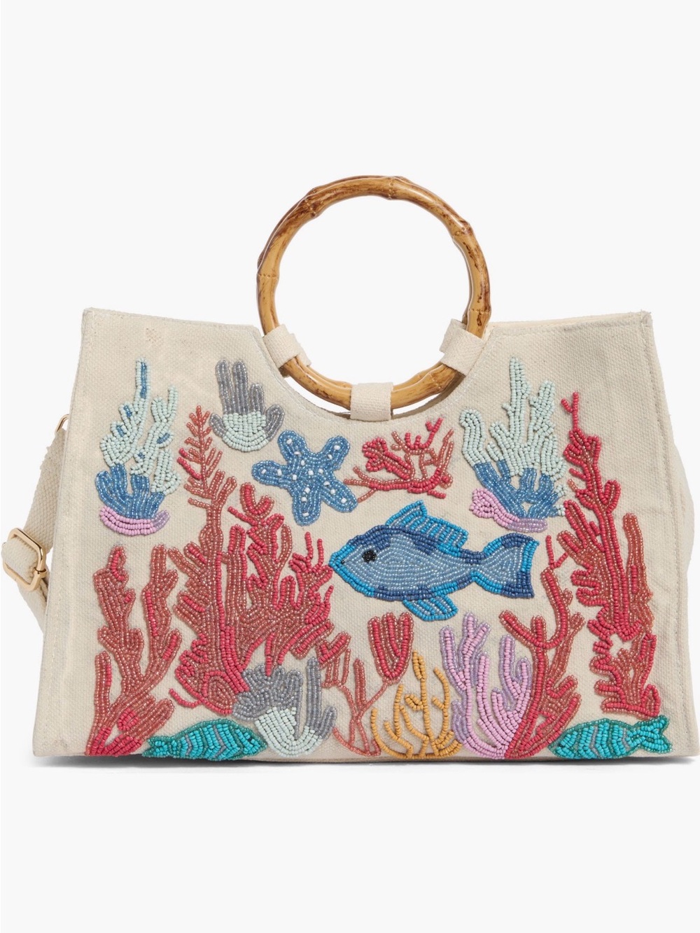 Collection XIIX Beaded Coral Reef Sea Tote with Bamboo Handles